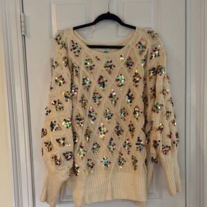 Anthropologie Cream Sweater with Multicolor Sequins